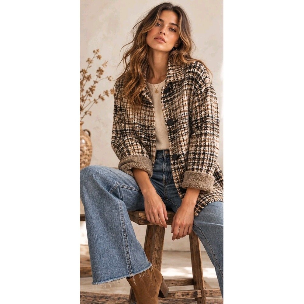 J Jill XL Tall Houndstooth Wool Blend Sweater Coat Brown Black Button Cardigan